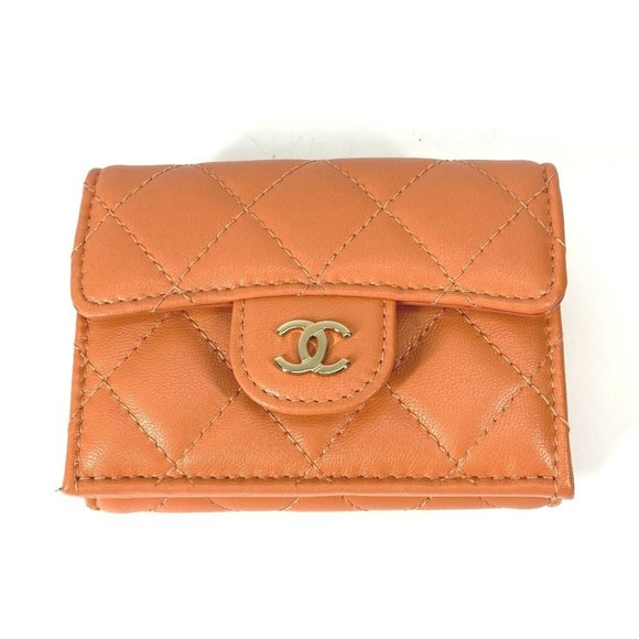 CHANEL Orange Lambskin Leather Logo Wallet - Picture 1 of 16